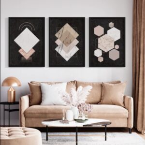 Kit 3 Quadros Decorativos Abstrato Geométrico Preto Moldura 48x70 Grande Para Sala Quarto Escritório. Decora e embeleza!!!! Denise Lage Designer Gráfica e Personalizados Venda Nova Belo Horizonte MG